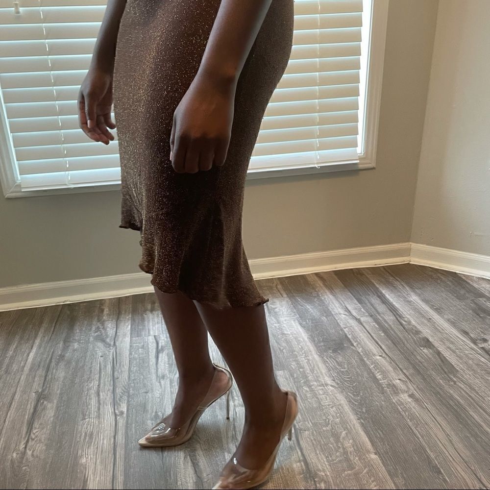 PIA Vintage Brown metallic gold bronze hi-lo dress - Picture 7 of 16